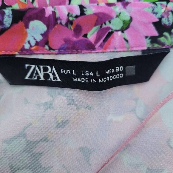Zara Womens Floral Button Front Top Pink Large V Neck Long Sleeve Satin Colorful - Picture 5 of 8
